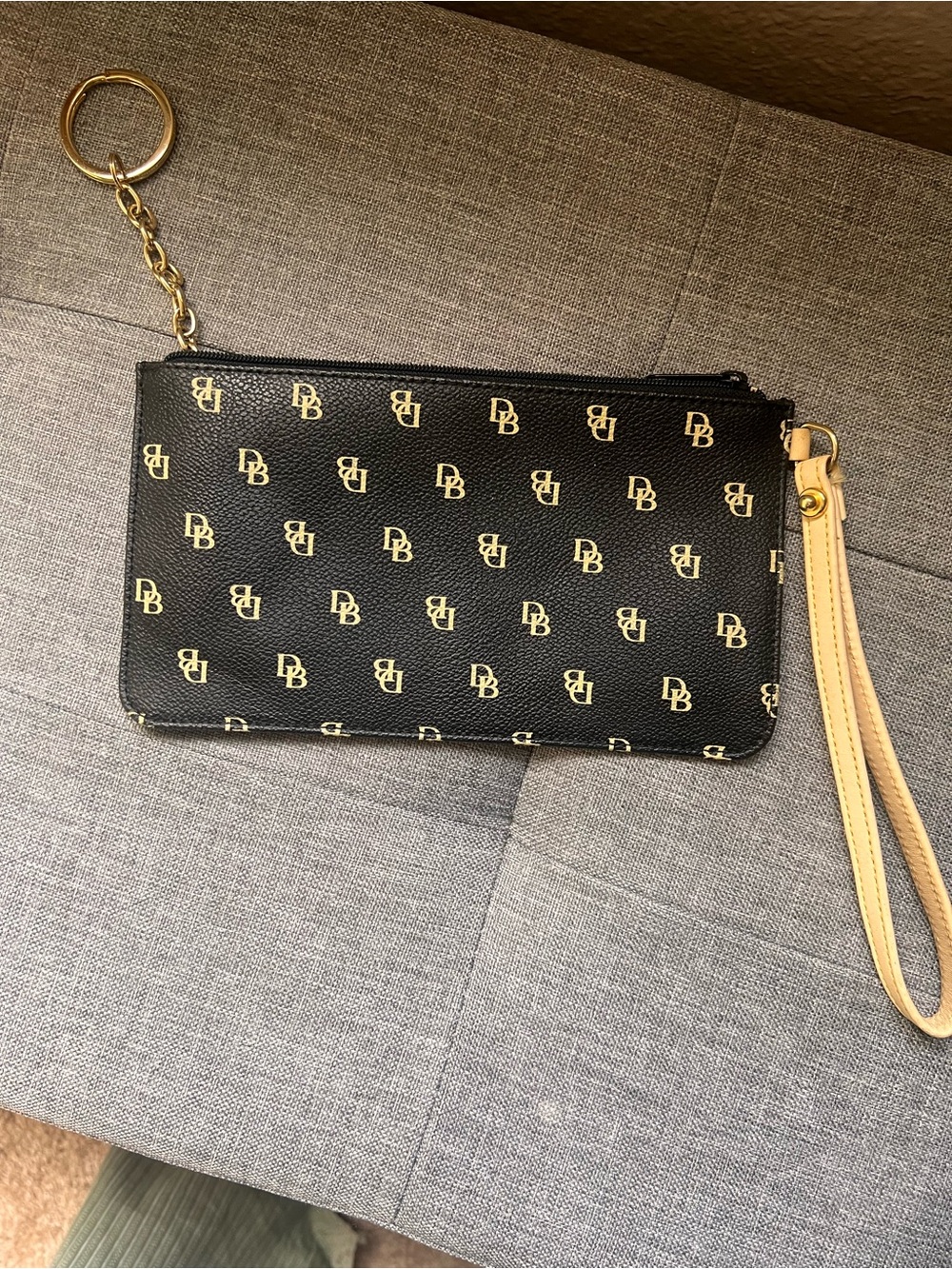 Dooney & Bourke Black DB Monogram Wristlet Zip Pouch Keychain Wallet